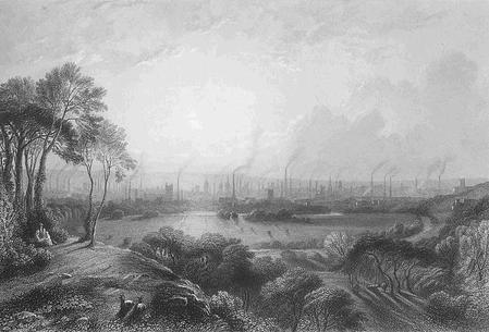 Engraving of the chimneys of industrial Manchester