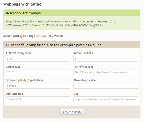 Screenshot of the form for a webpage with an author