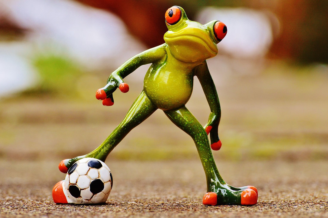 A frog playing soccer