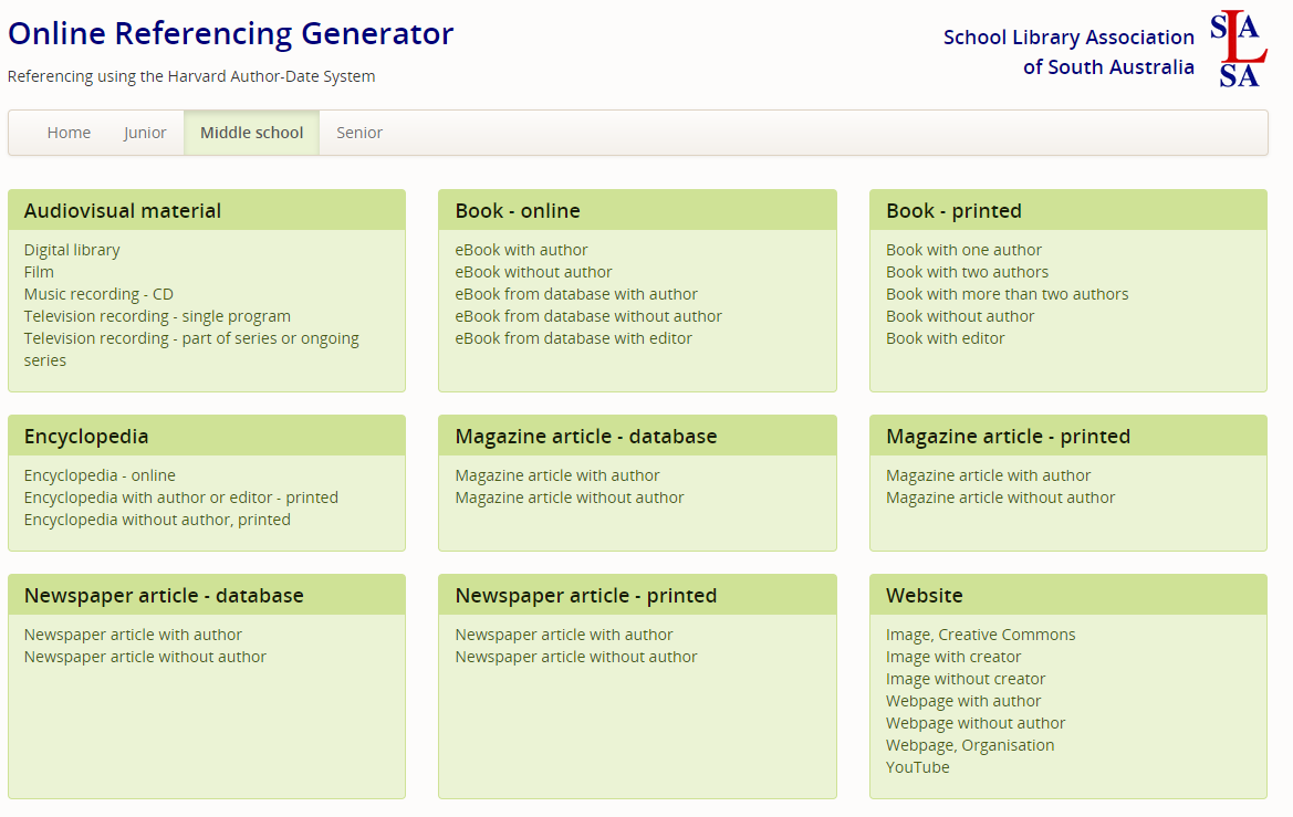 Screenshot of the Middle School Bibliography section of the SLASA Referencing Generator