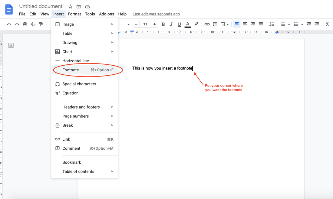 Screenshot of inserting a footnote in Google Docs